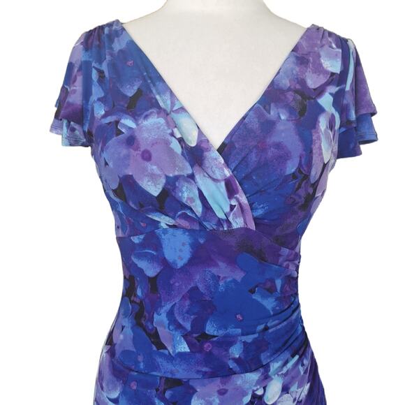 LAUREN Ralph Lauren Purple Blue Floral V-neck Jersey Dress Size 4 Flutter Sleeve - Picture 2 of 8